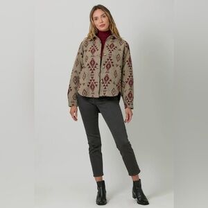 Women's Patterned Jacket - Beige and Burgundy